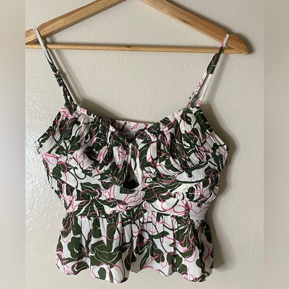 Parker women tropical spaghetti straps peplum crop top green white